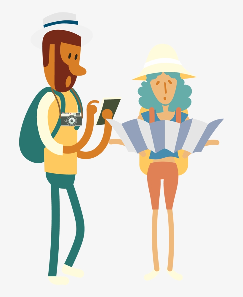Young Couple Backpackers Traveling With Big Bags And - Asking Direction Clipart, transparent png