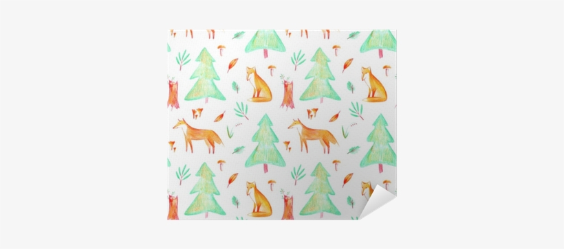 Seamless Pattern Of A Fox, Plants, Spruce And Mushroom - Watercolor Painting, transparent png