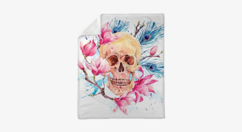 Watercolor Human Skull And Pink Flowers Magnolia Plush - Beddinginn Blooming Flower On Skull Print 3d 5pcs 100%, transparent png