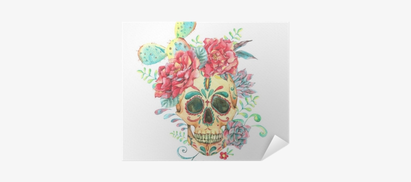 Watercolor Card With Skull And Roses Poster • Pixers® - Calavera Con Flores Cartel, transparent png