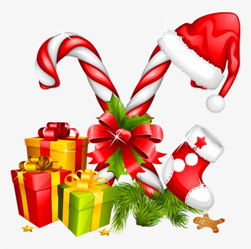 Santa Hat Gifts And Candy Canes Christmas Decoration - Christmas Gifts Png, transparent png