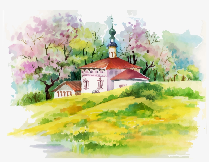Watercolor Painting House Illustration - Beautiful Art Painting Scenery Watercolour, transparent png
