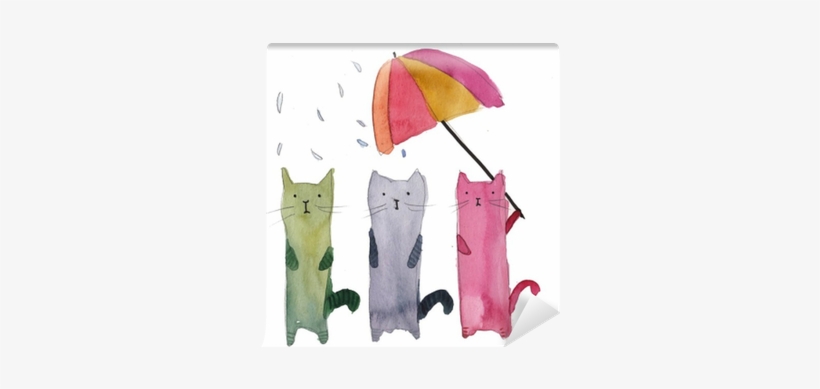 Three Cats In The Rain Watercolor Illustration Wall - Watercolor Painting, transparent png