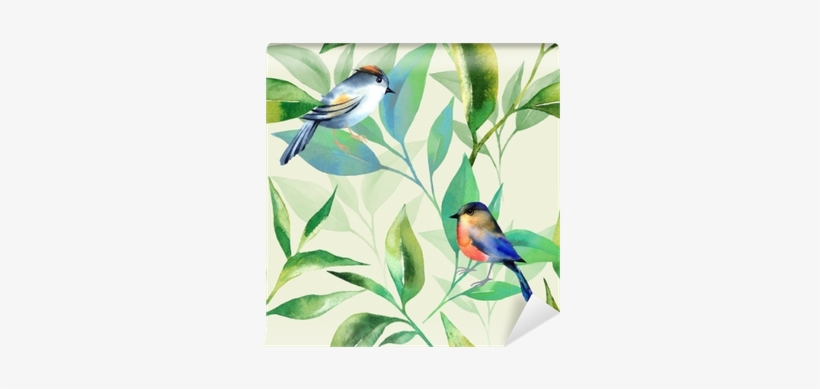 Seamless Pattern With Tea Leaves And Birds In Watercolor - Watercolor Painting, transparent png