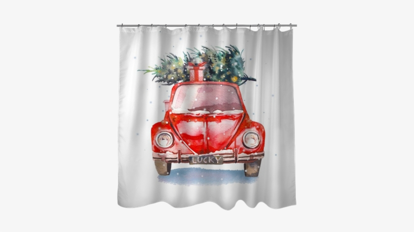 Watercolor Retro Car With Gift Box And Christmas Tree - Christmas Day, transparent png