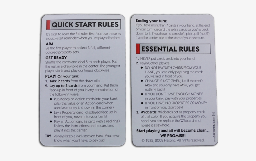 Monopoly Deal Quick Start Rules Cards - Monopoly Deal, transparent png