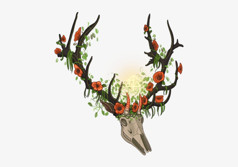 Amazing Colorful Deer Skull With Flowered Horns Tattoo - Deer, transparent png