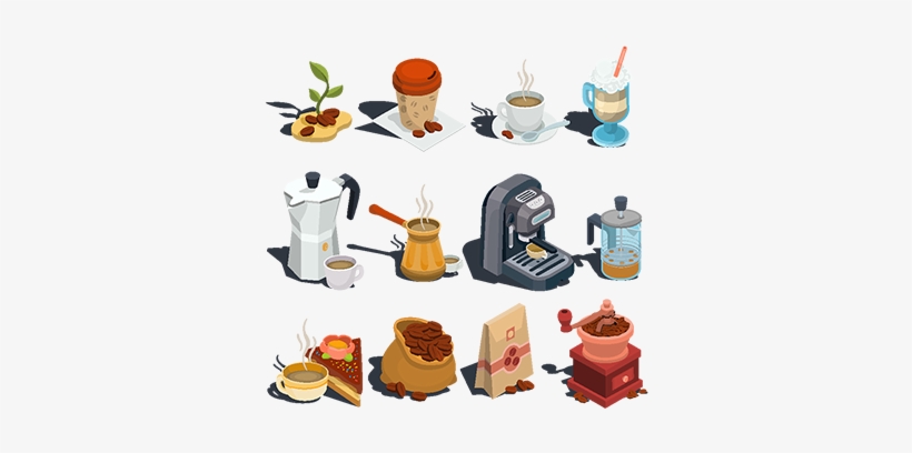 Set Of Vector Isometric Coffee Icons, Stickers, Prints, - Coffee, transparent png