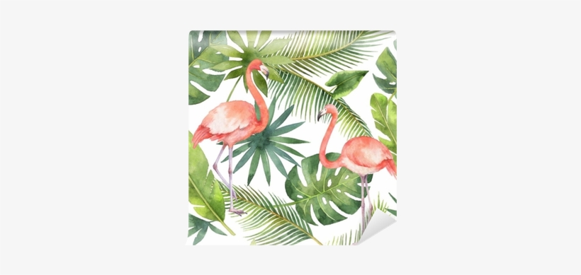 Watercolor Seamless Pattern Of And Palm Trees - Flamingo Lraf Background, transparent png