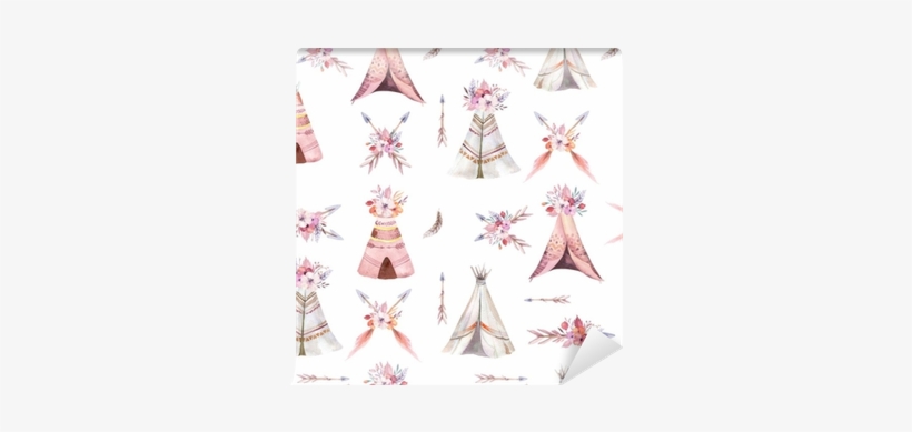 Hand Drawn Watercolor Tribal Teepee Seamless Pattern, - Tipi, transparent png
