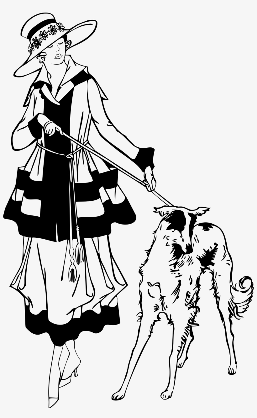 Vintage Woman Walking Dog By Heblo Clip Art Library - 1930s Coloring Book, transparent png