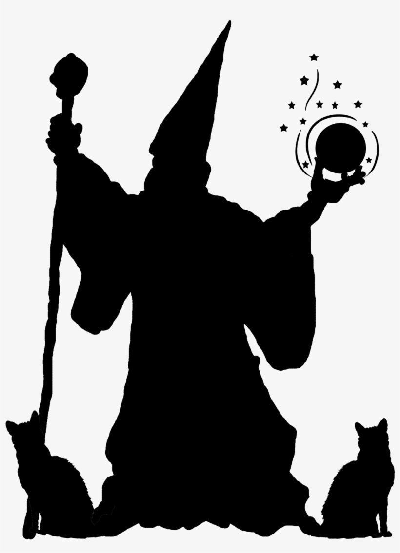Wizard With Cats And Magic Ball - Wizard Clipart Black And White, transparent png