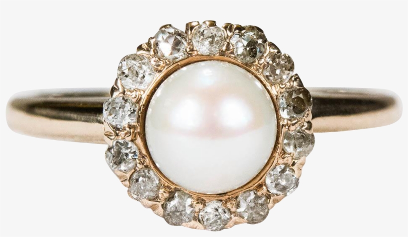 Victorian Old Mine Cut Diamond Halo Pearl Ring 14k - Pre-engagement Ring, transparent png