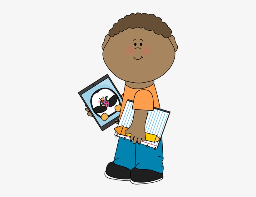 Kid With School Supplies And Tablet - School Kid Clipart, transparent png