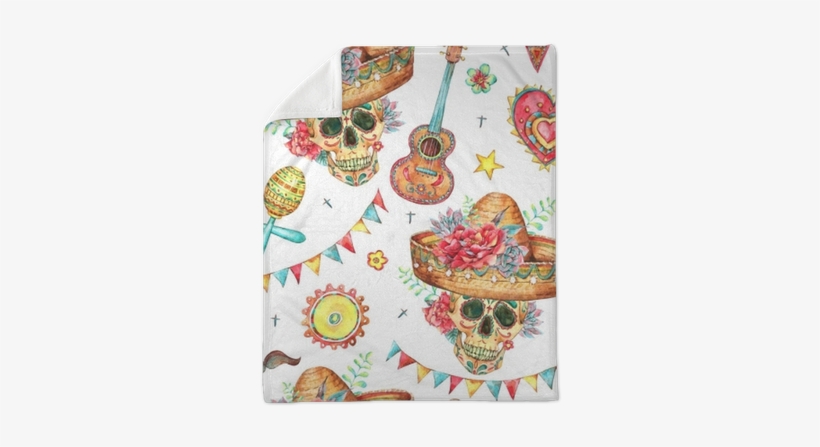 Watercolor Seamless Pattern With Skull In Sombrero - Watercolor Painting, transparent png