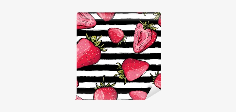 Red Strawberries On Black And White Watercolor Striped - Worek W Truskawki, transparent png