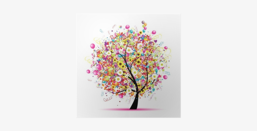 Póster Día De Fiesta Feliz, Árbol Divertido Con Los - Whimsical Party Floral Tree Shower Curtain, transparent png