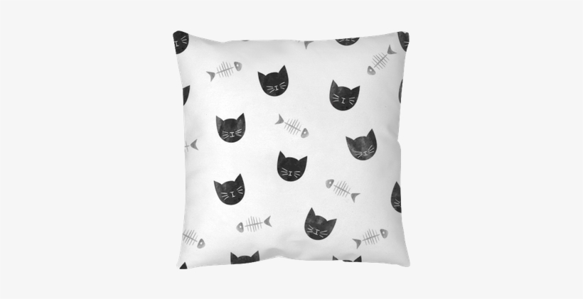 Seamless Pattern With Watercolor Black Cats And Fishbones - Cat, transparent png
