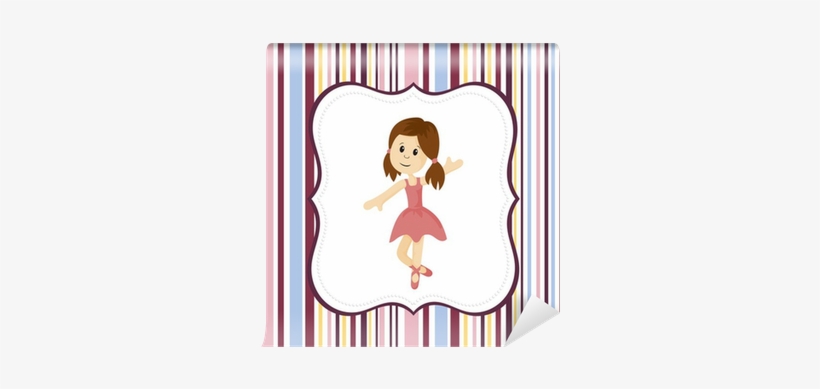 Cute Ballerina Girl With Label Frame On A Stripey Background - Illustration, transparent png