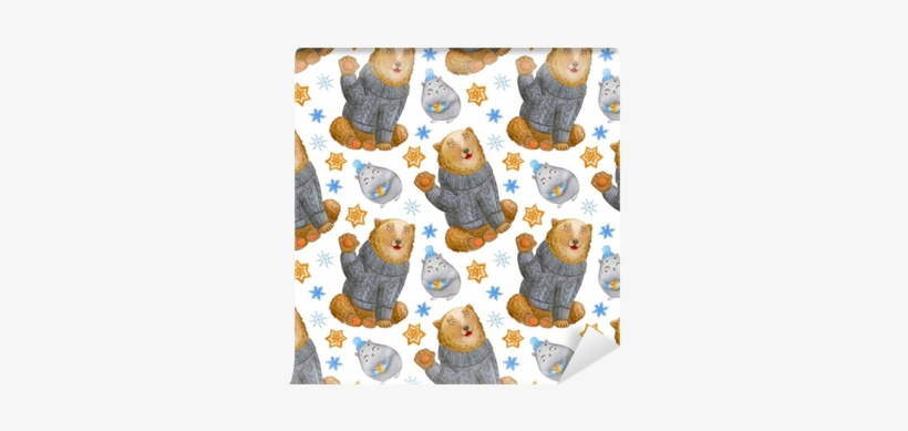 Watercolor Seamless Pattern With Cute Smiling Sitting - Mural, transparent png