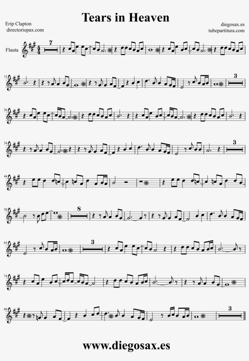 Flute Sheet Music Tears In Heaven Partitura Para Flauta - Tears In Heaven Partitura, transparent png