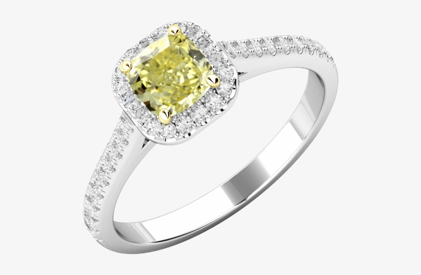 A Stunning Cushion Cut Yellow Diamond Halo Style Ring - Yellow Diamond Platinum Ring Uk, transparent png