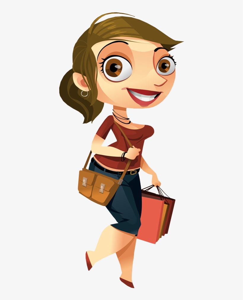 Cartoon Pretty Woman Walking With Shopping Bags - Animated Woman Walking Png, transparent png