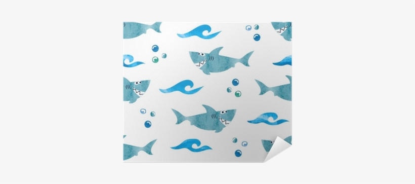 Seamless Pattern With Cartoon Watercolor Sharks - Cartoon Shark Background, transparent png