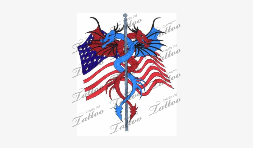 Marketplace Tattoo Blue And Red Dragons And Usa Flag - Fourth Of July Dragon, transparent png