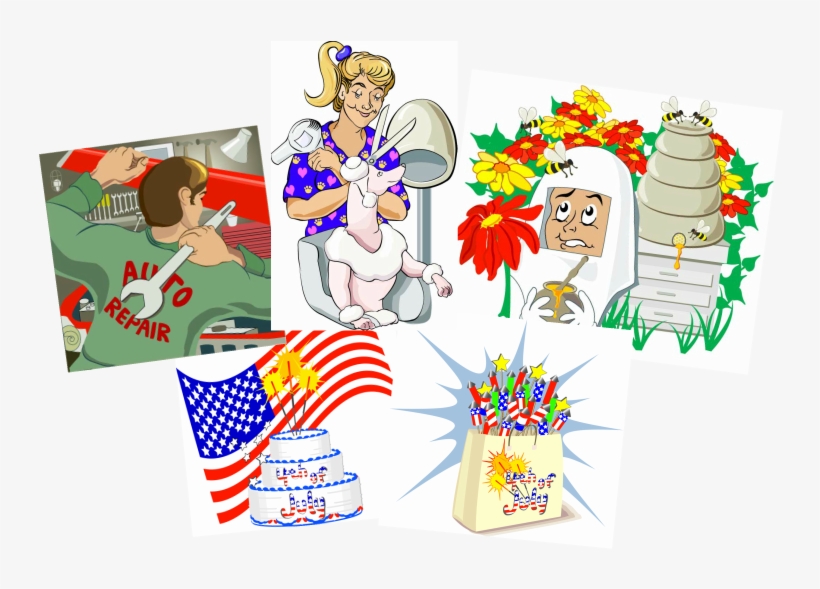 Five Vector Illustrations, Auto Mechanic, Dog Groomer, - Independence Day, transparent png