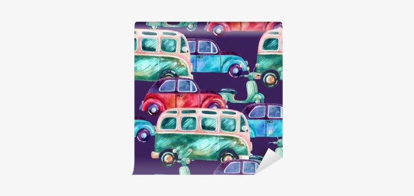 Watercolor Hippie Camper Van, Car And Scooter Wall - Watercolor Painting, transparent png