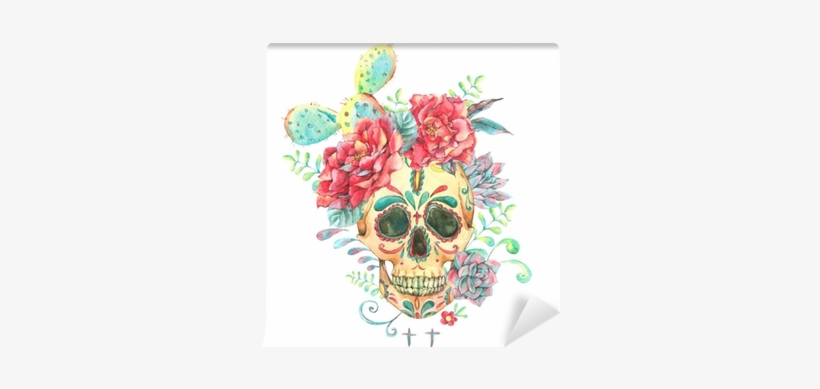 Watercolor Card With Skull And Roses Wall Mural • Pixers® - Calavera Con Flores Cartel, transparent png