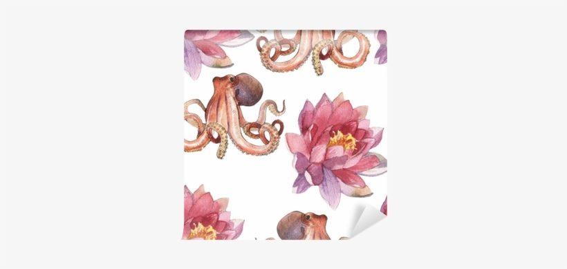 Watercolor Lotus Flower And Octopus Wall Mural • Pixers® - Watercolor Painting, transparent png