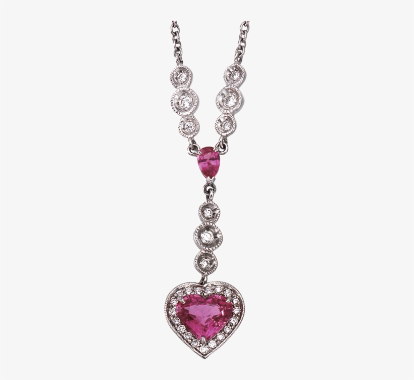 Heart Shape Pink Sapphire Necklace With Diamond Frame - Diamond, transparent png