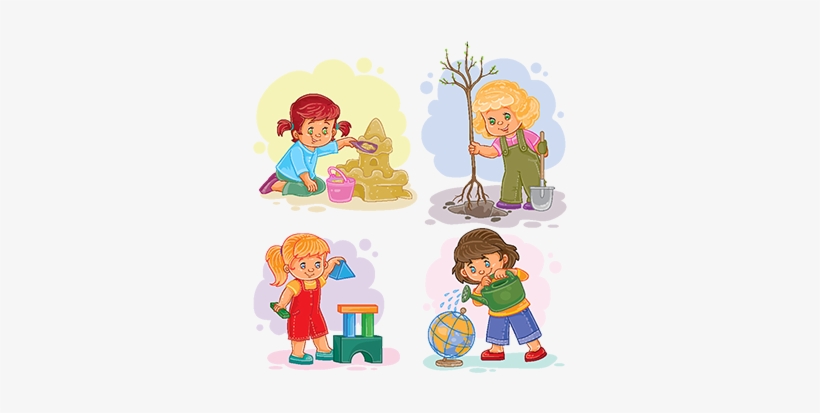 Set Icons Small Girls Playing With Toys, Baby, Little, - Vector Graphics, transparent png