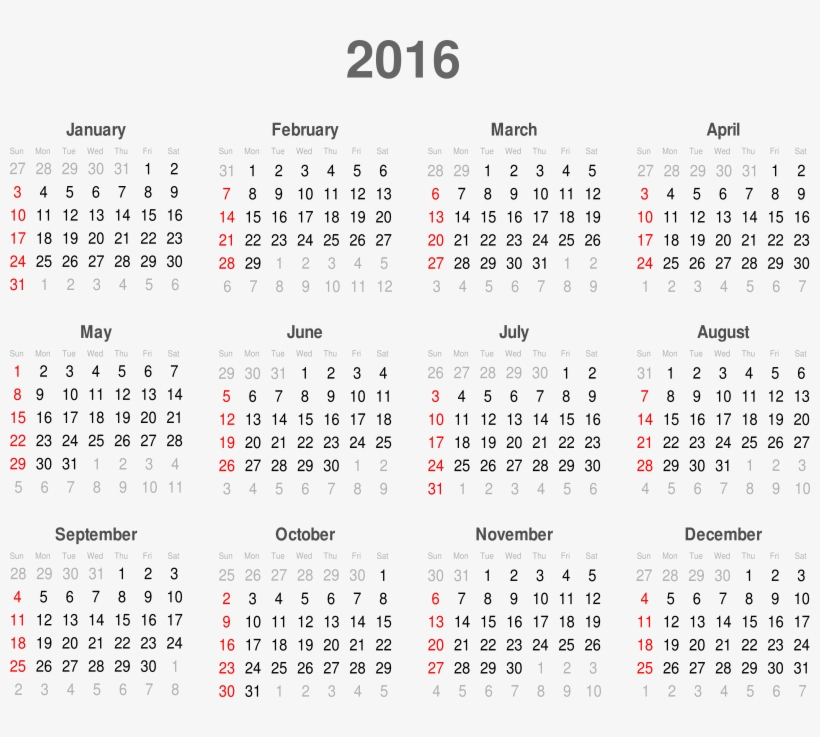 Background Transparent Calendar - Calendar Of Months 2016, transparent png