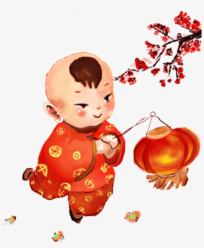 Boy Carrying A Lantern About The Lantern Festival Vector,plum,chinese - 卡通 小孩 提 灯笼 过 春节, transparent png