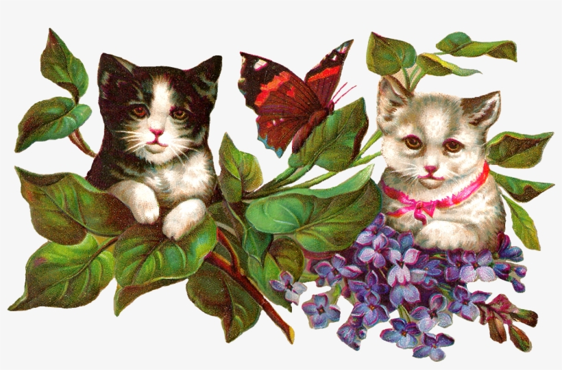 Digital Cat Clip Art - Vintage Kitty-katzen Und Schmetterling Karte, transparent png
