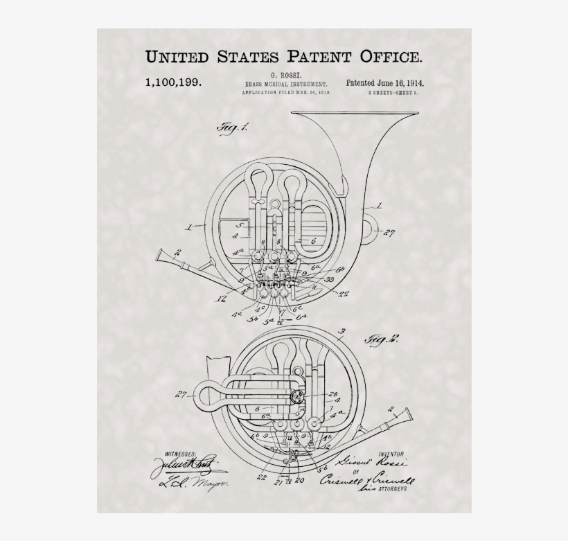Horn Instrument Patent - French Horn Musical Instrument Patent Art Print, transparent png