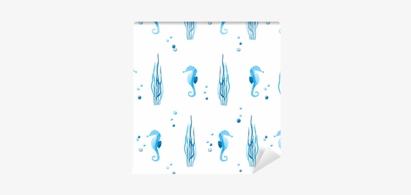 Watercolor Blue Seamless Pattern With Sea Horses And - Illustration, transparent png