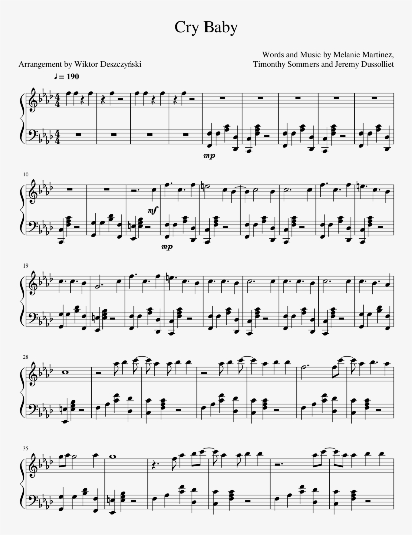 Cry Baby Sheet Music Composed By Words And Music By - Dying In La Piano Sheet Music, transparent png