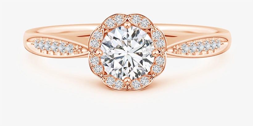 Round Lab Grown Diamond Scalloped Halo Ring With Leaf-accents - Round Lab Grown Diamond Scalloped Halo Ring, transparent png