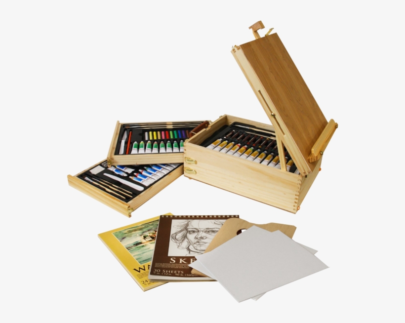 Wood Box Easel Painting Set 12 Tubes Of Oil Colors - 95 Piece Wood Box Easel Painting Set, transparent png