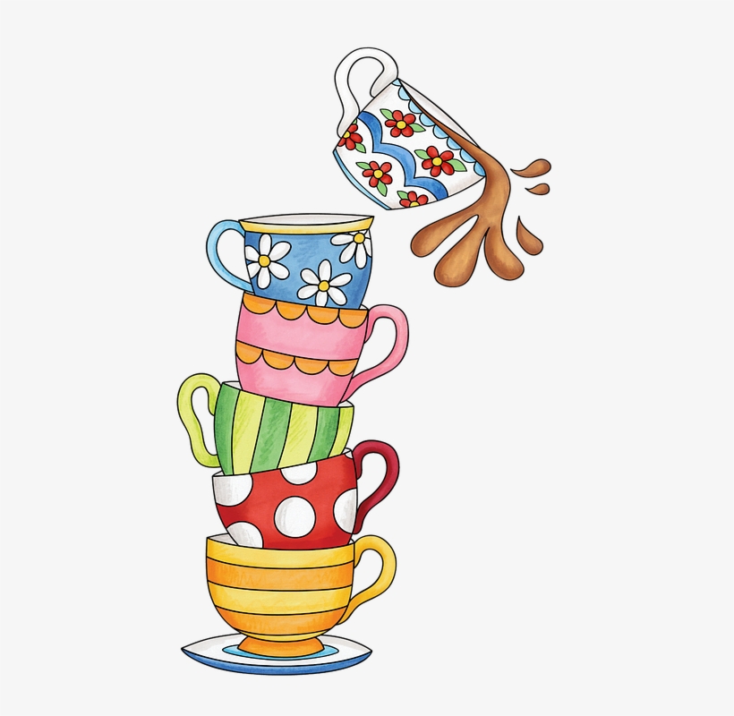 Cups, Tea, Watercolor, Spill, Cute, Stack, Colorful - Stacked Tea Cups Clipart, transparent png