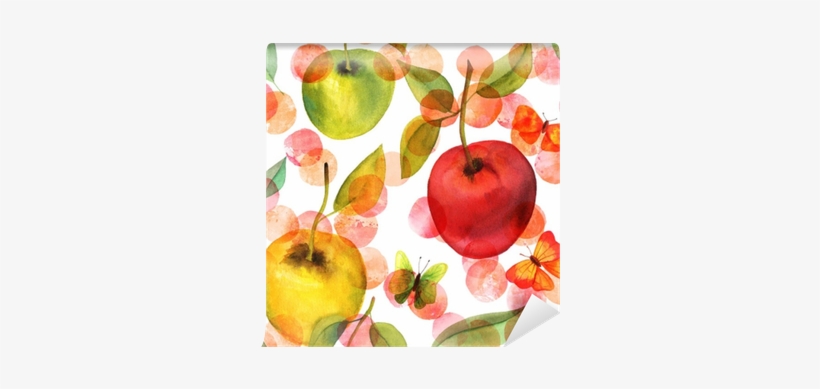Seamless Pattern With Watercolor Apples And Butterflies - Watercolor Painting, transparent png