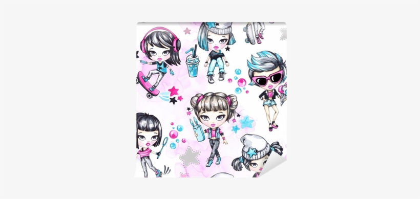 Watercolor Seamless Pattern With Fashion Teenagers - Design, transparent png