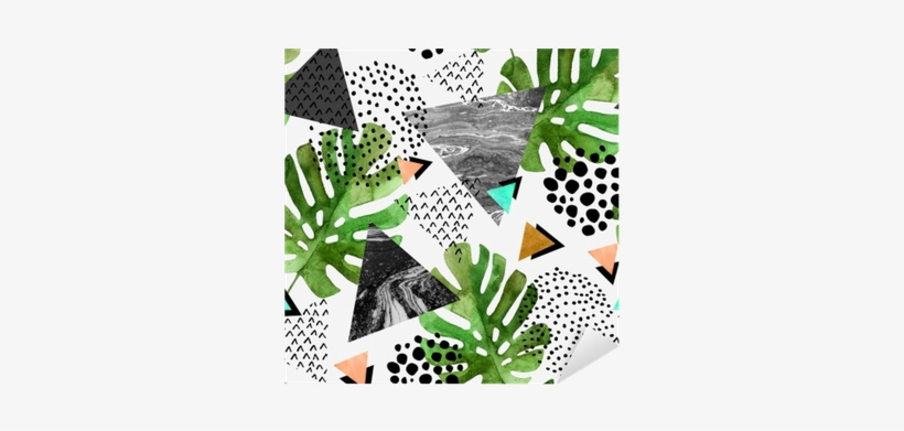 Watercolor Tropical Leaves And Textured Triangles Background - Tropical Leaves, transparent png