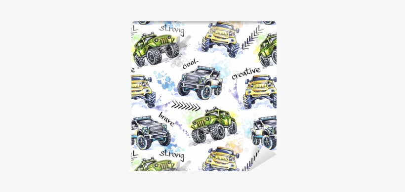 Watercolor Seamless Pattern Cartoon Monster Trucks - Car, transparent png