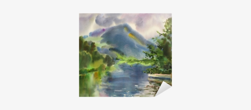 Mountain Lake Landscape Painted By Watercolor Sticker - Watercolor Painting, transparent png