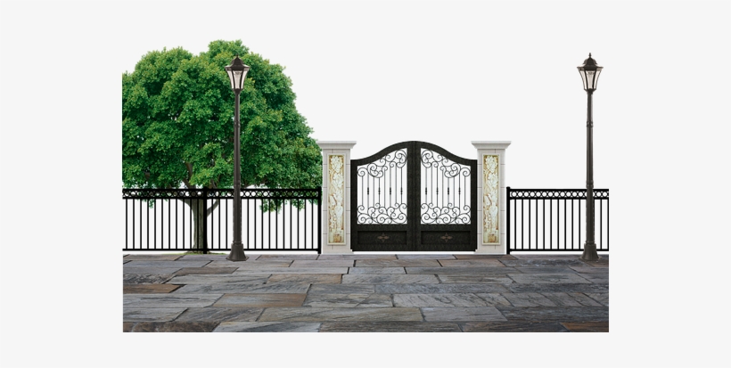 Park Entrance Gate Fence Pillars Lamps Pos - Puerta De Un Parque, transparent png